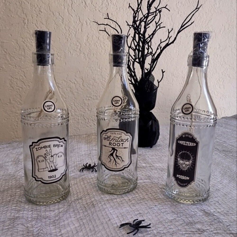 Halloween Decorative Light Up Glass Bottles Set of 3